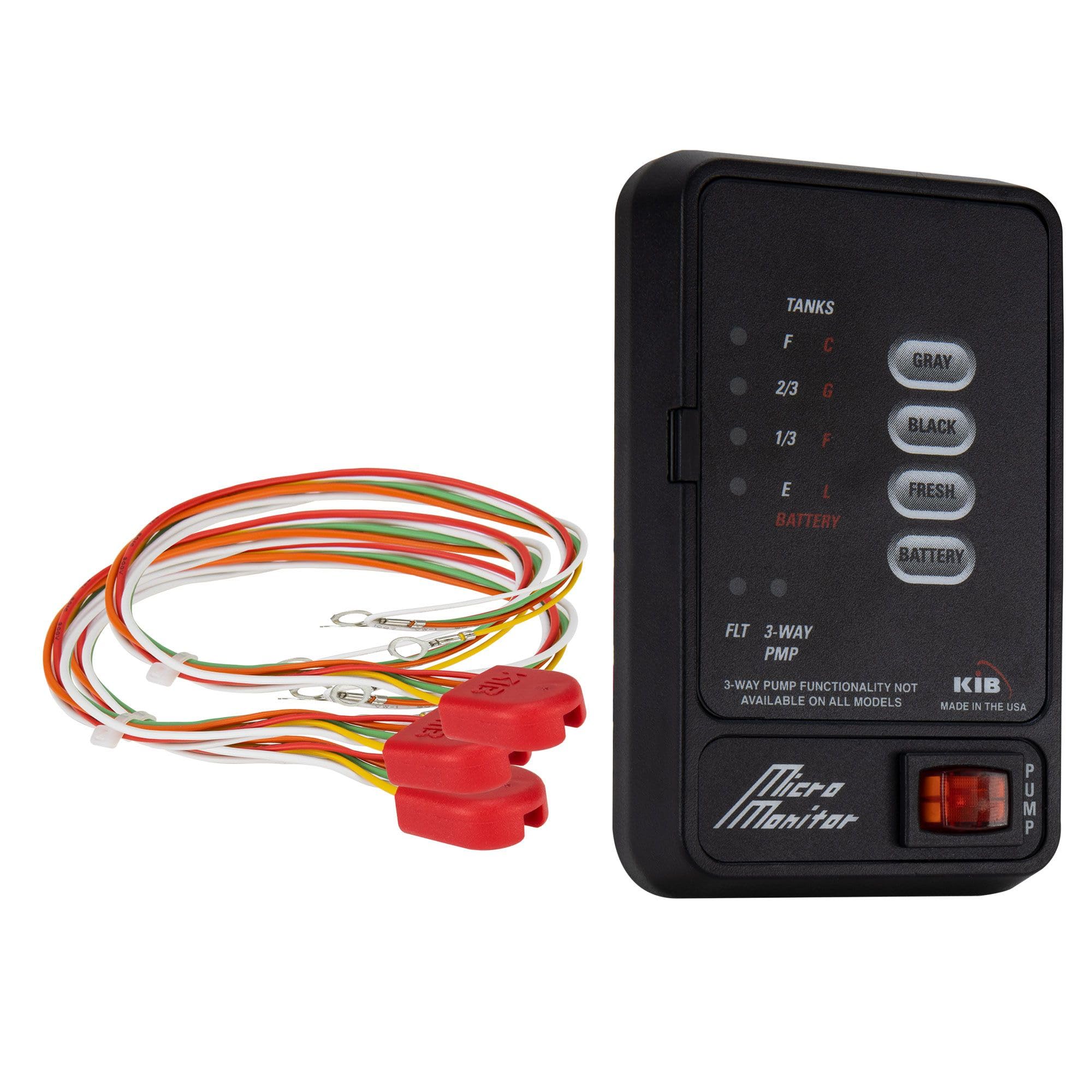 Tough Grade KIB RV Tank Sensor Panel with Water Pump Switch | 12v DC | K101 Pigtail Harness | Fits Standard Cutouts | Monitors Fresh, Gray & Black