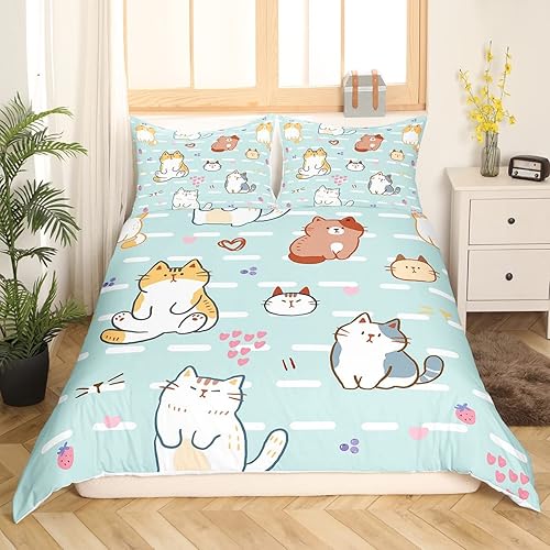 Miniatura 1 de Funda de edredón con estampado de gatos de dibujos animados, para niños, niñas, amantes de los gatos, funda de edredón rosa con corazón y fresa para