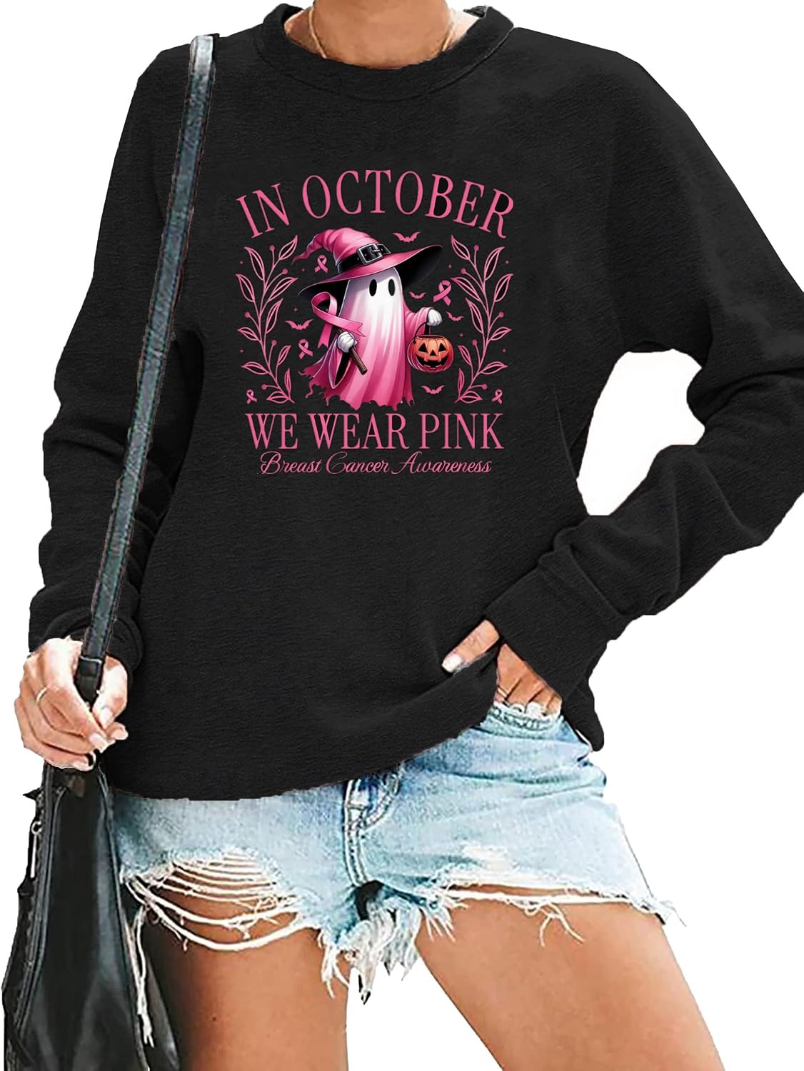HAJIEXY Women Breast Cancer Awareness Sweatshirt in October We Wear Pink Halloween Ghost Pullover Cancer Gift Tops