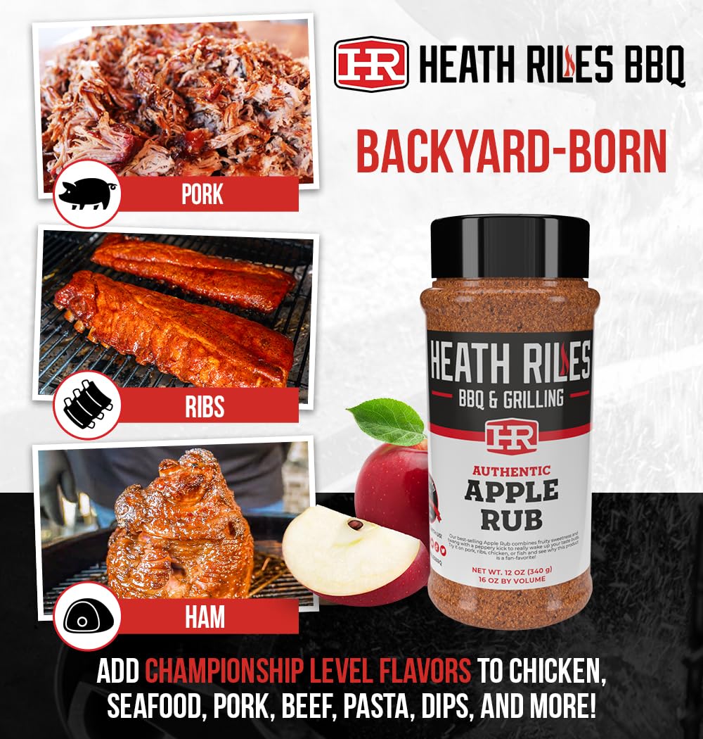 Heath Riles BBQ Rub - Apple Seasoning, Champion Pitmaster Recipe, Legendary Rubs For Smoking & Grilling, 80+ BBQ Championships, 2 lb./32 oz