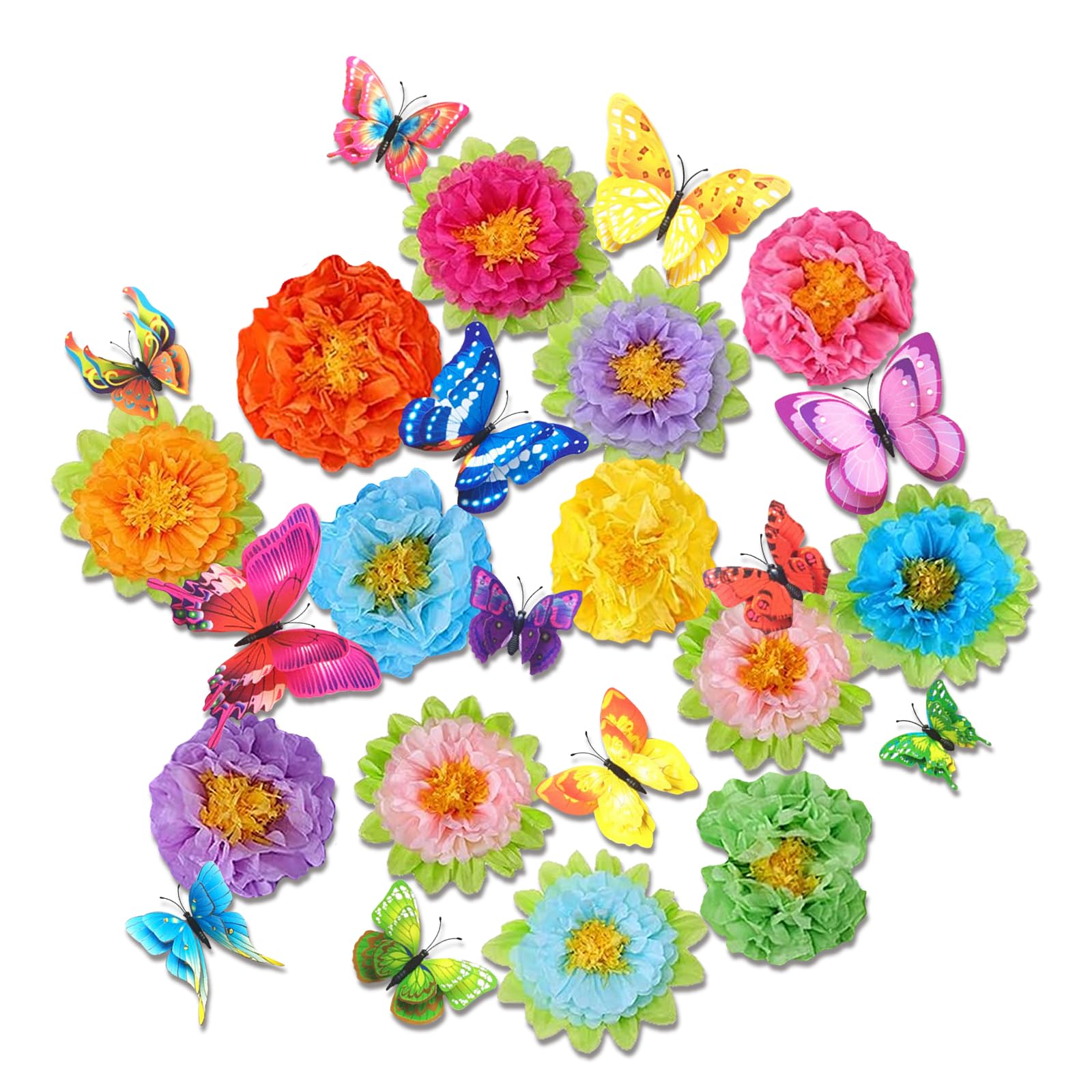 Photo 1 of 36PCS Large Tissue Paper Flowers with 3D Butterfly Decorations,Spring Paper Flowers for Fiesta Party Decorations