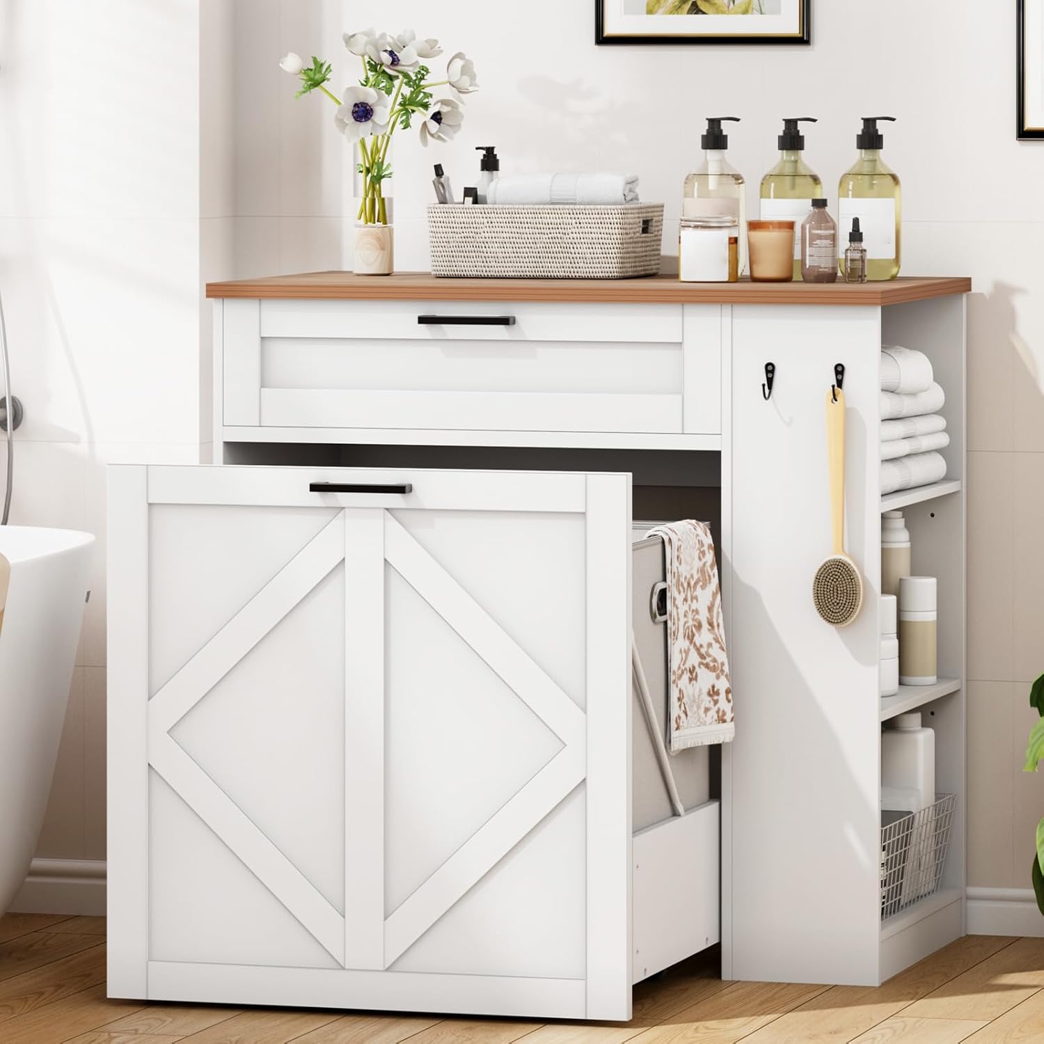 Laundry Hamper Cabinet, Double Laundry Cabinet with Two 11 Gallon Baskets and Drawer, Pull-Out Storage Unit with Adjustable Shelves, Hooks, for Bathroom, Living Room, Kitchen, White and Walnut