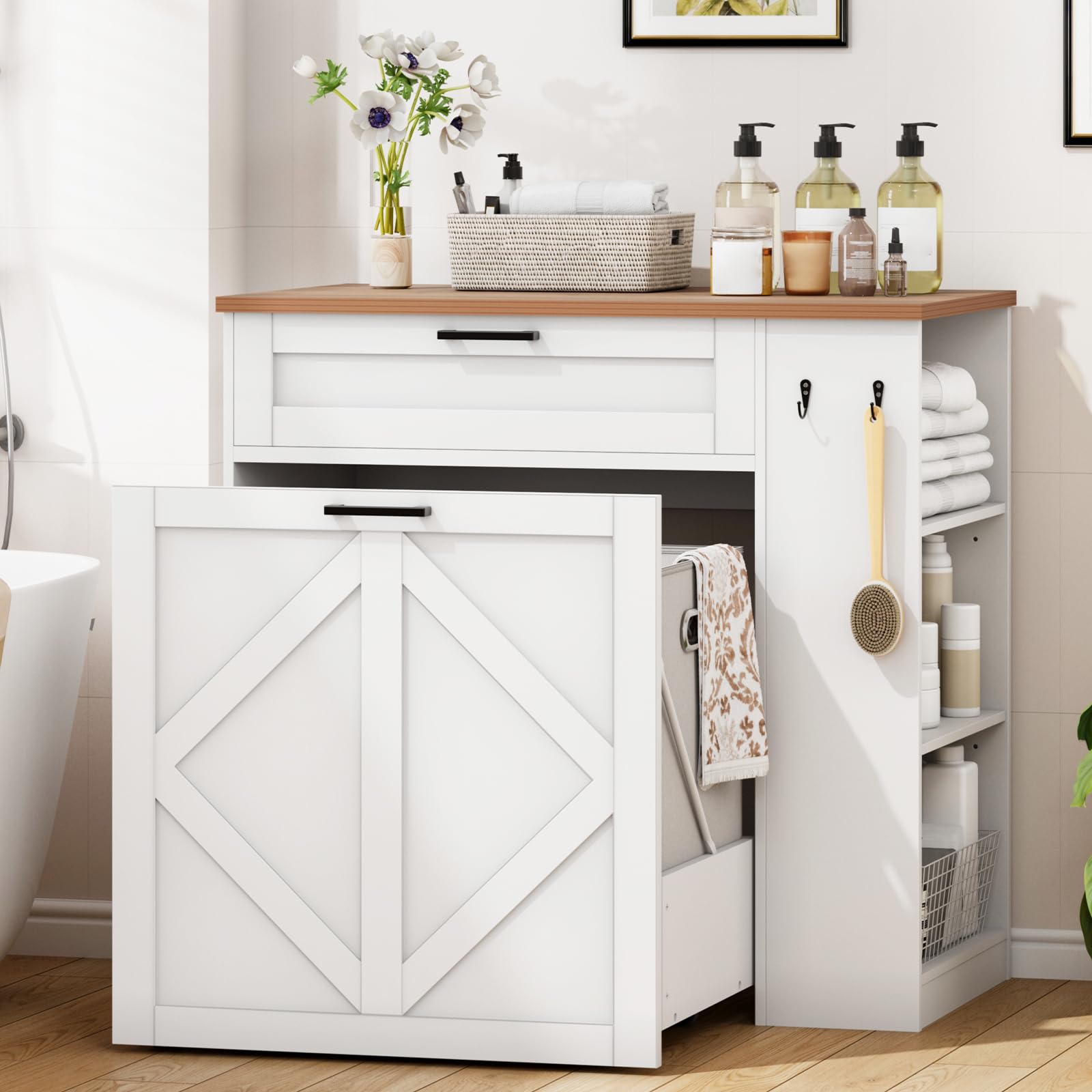 Armario de lavandería con 2 cestas extraíbles para la colada, cajón de almacenamiento, estantes ajustables y ganchos para baño, lavadero y cocina, color blanco y nogal