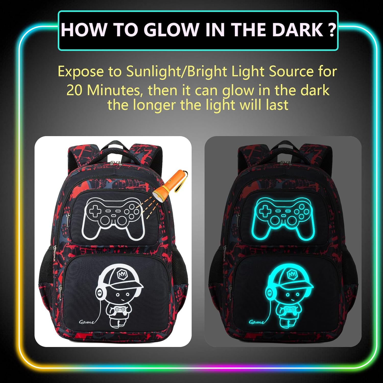 Boys Backpack with Lunch Box Glow in Dark Gamer Bookbag Kids Ages 4-12 Kindergarten Elementary Middle School Gaming Backpack, Luminous Game Boy Black Red - Image 2
