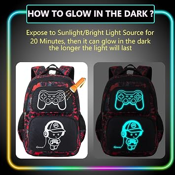 Boys Backpack with Lunch Box Glow in Dark Gamer Bookbag Kids Ages 4-12 Kindergarten Elementary Middle School Gaming Backpack, Luminous Game Boy Black Red