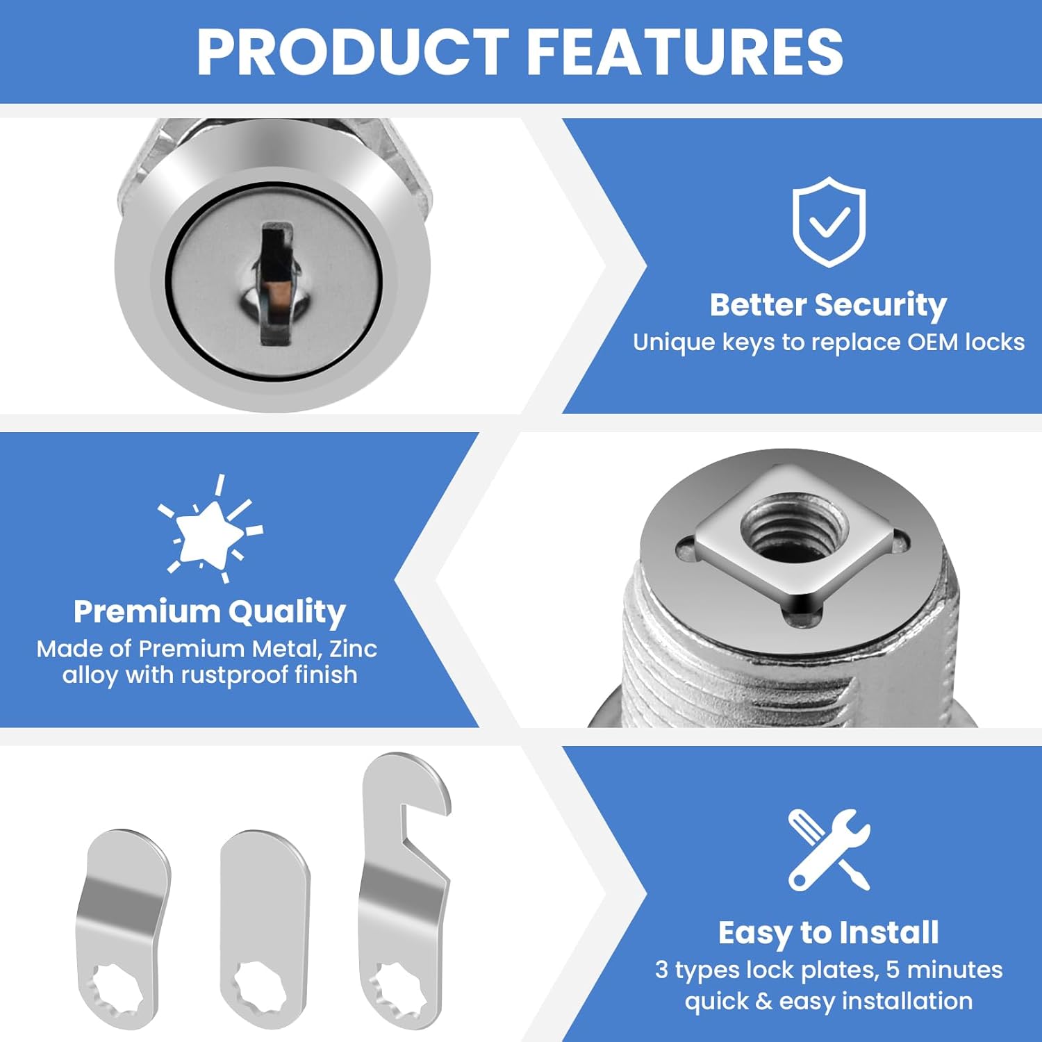 Cabinet Cam Lock, Zinc Alloy Keyed Alike Mailbox Lock, 5/8" Cylinder Lock Replacement for Tool Box, RV Storage, Mailbox, Drawer (3 Set)