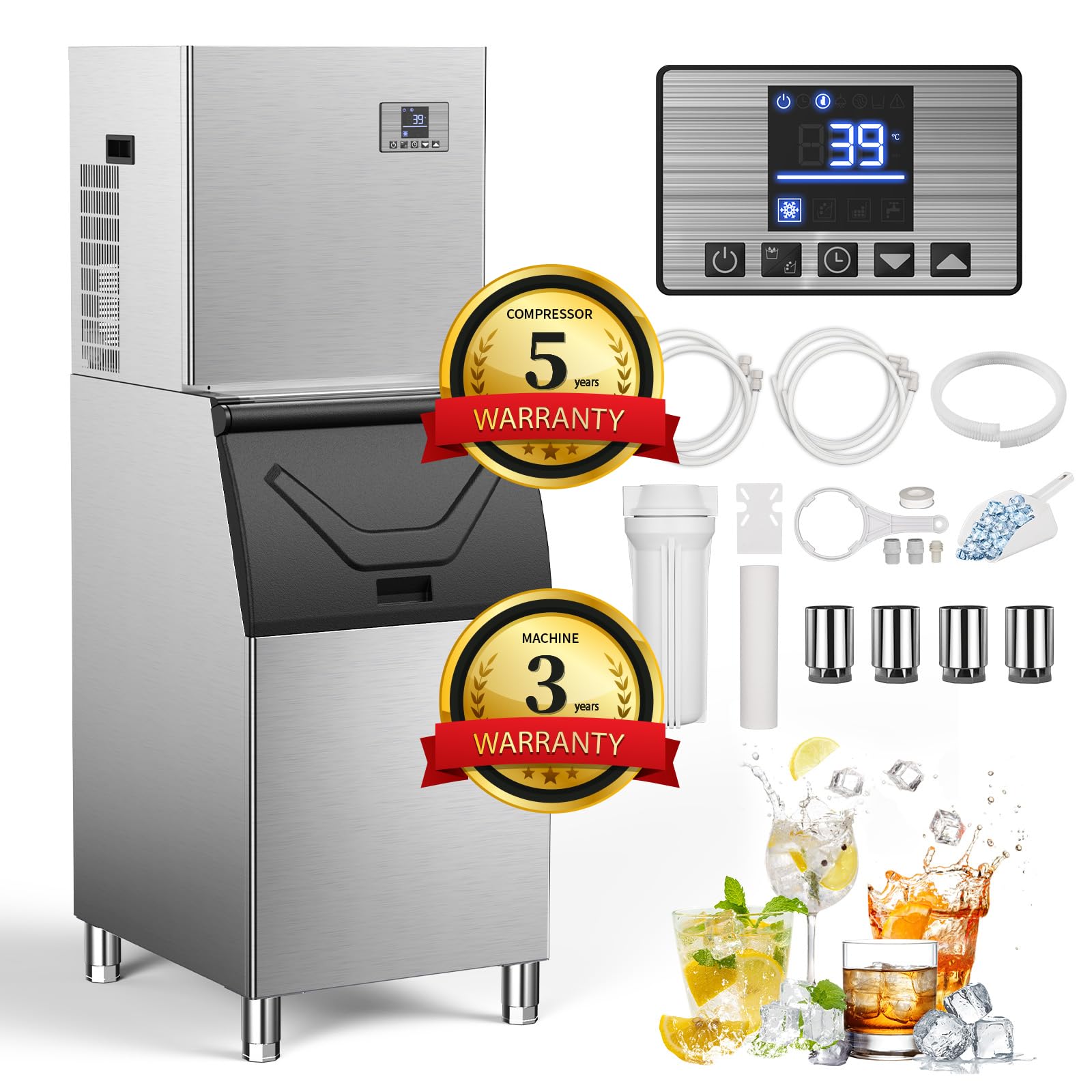 Commercial 550Lbs/24H Ice Maker Machine,Ice Ready in 5-15 min,360Lbs Large Storage,1033W Stainless Steel Electric Nugget Ice Machine with Water line Hook up,12 Steps Ice Thicknesses Adjustable
