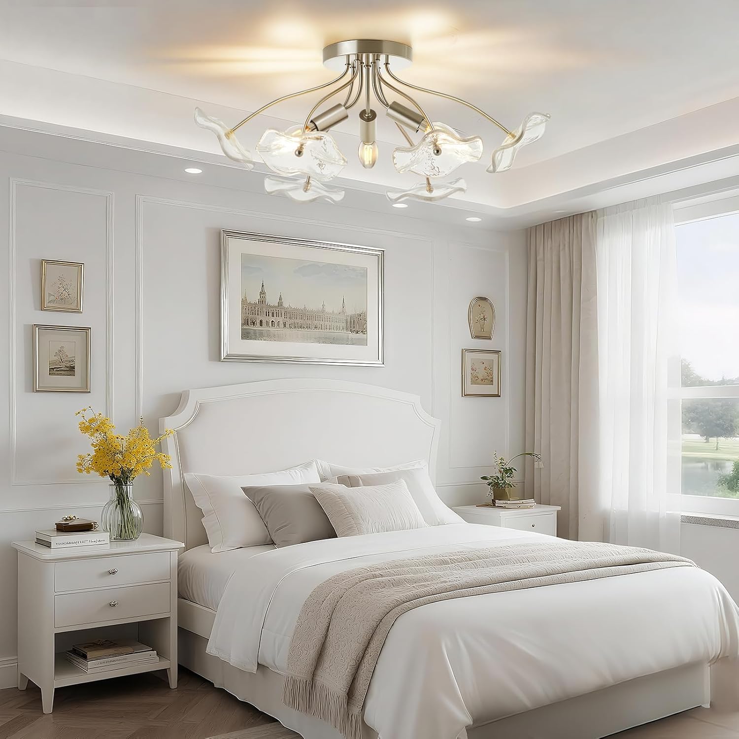 Luvkczc Semi Flush Mount Ceiling Light, Brushed Nickel Ceiling Light Fixture, Modern Floral Glass Lighting for Kitchen Entryway Hallway Bathroom Bedroom Foyer, 3 Light E12 Socket