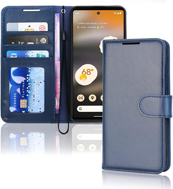 TECHGEAR Pixel 6a Leather Wallet Case, Flip Protective Case Cover with Wallet Card Holder, Stand and Wrist Strap - Blue PU Leather with Magnetic Closure Designed For Google Pixel 6a