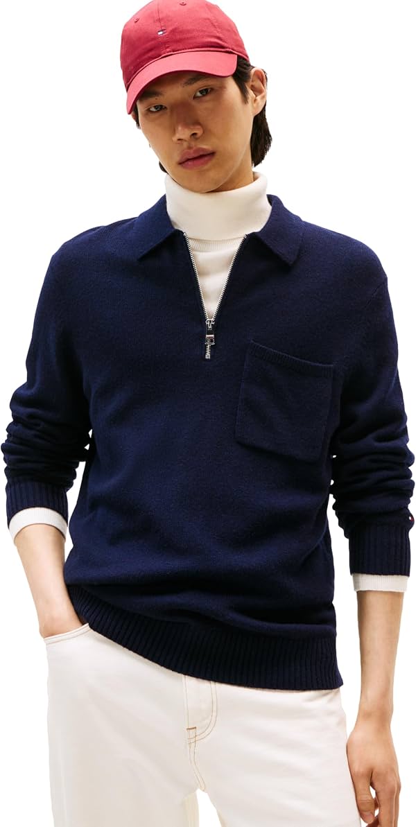 Suéter polo Tommy Hilfiger para hombre, lana de cordero, cremallera 1/4, con bolsillo