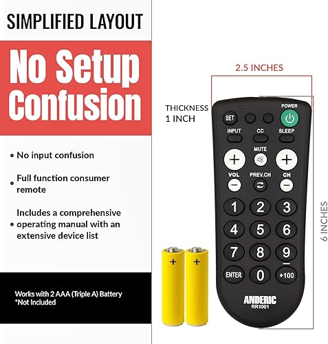 Vista 8 de Anderic RR1001 Simple TV Control remoto universal – Funciona en todas las marcas – Ideal para hoteles y habitaciones de hospitalidad – Control