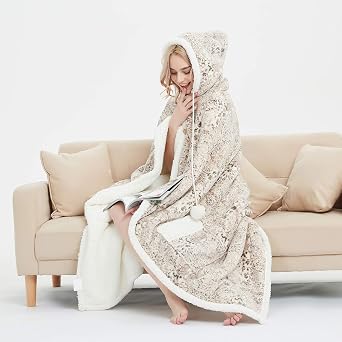 Marquess Animals Spots Hooded Throw Wrap, Ultra Soft Coral Plush Sherpa Lined Leisure Wear, Wearable Warm Cozy Blanket with 2 Pockets- 51"x71"