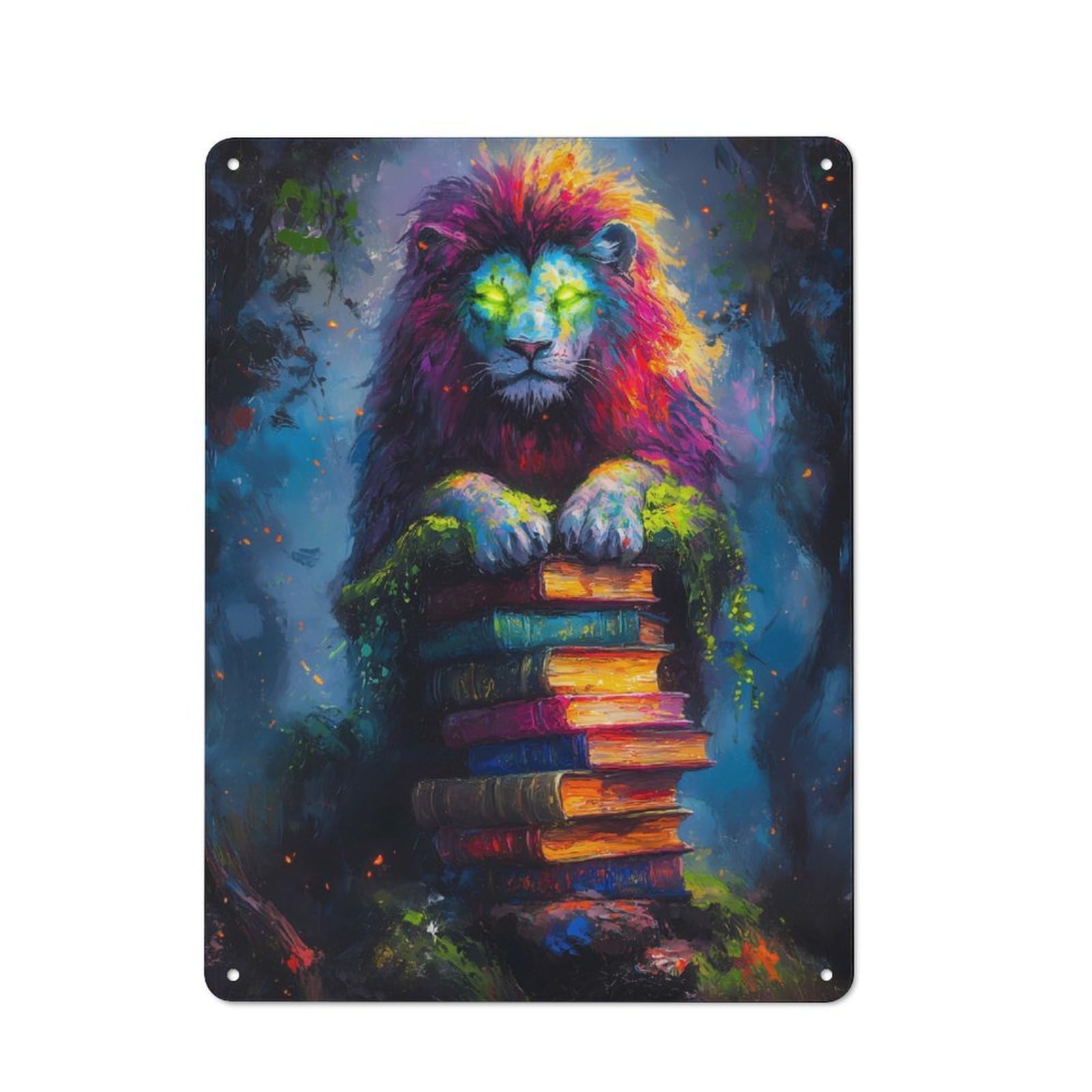Junmoney Lion And Books Distressed Look Metal Wall Art Sign 40X30cm Featuring Old Style Wall Plaque For Lounge, Study, Pub Or Wall Gallery