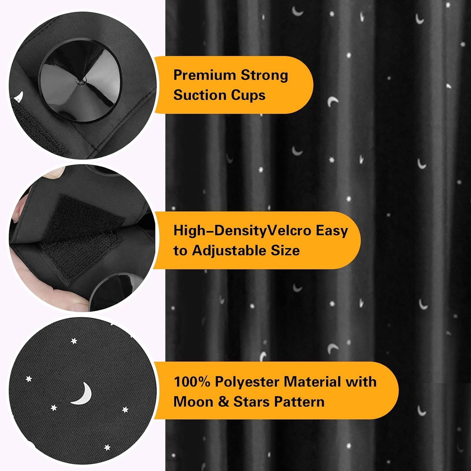 Portable Blackout Curtains, 100% Polyester Temporary Blackout Shades with Suction Cups for Nursery Room Windows, Baby/Kids Travel Use - 50" x 78", Moon & Stars Pattern