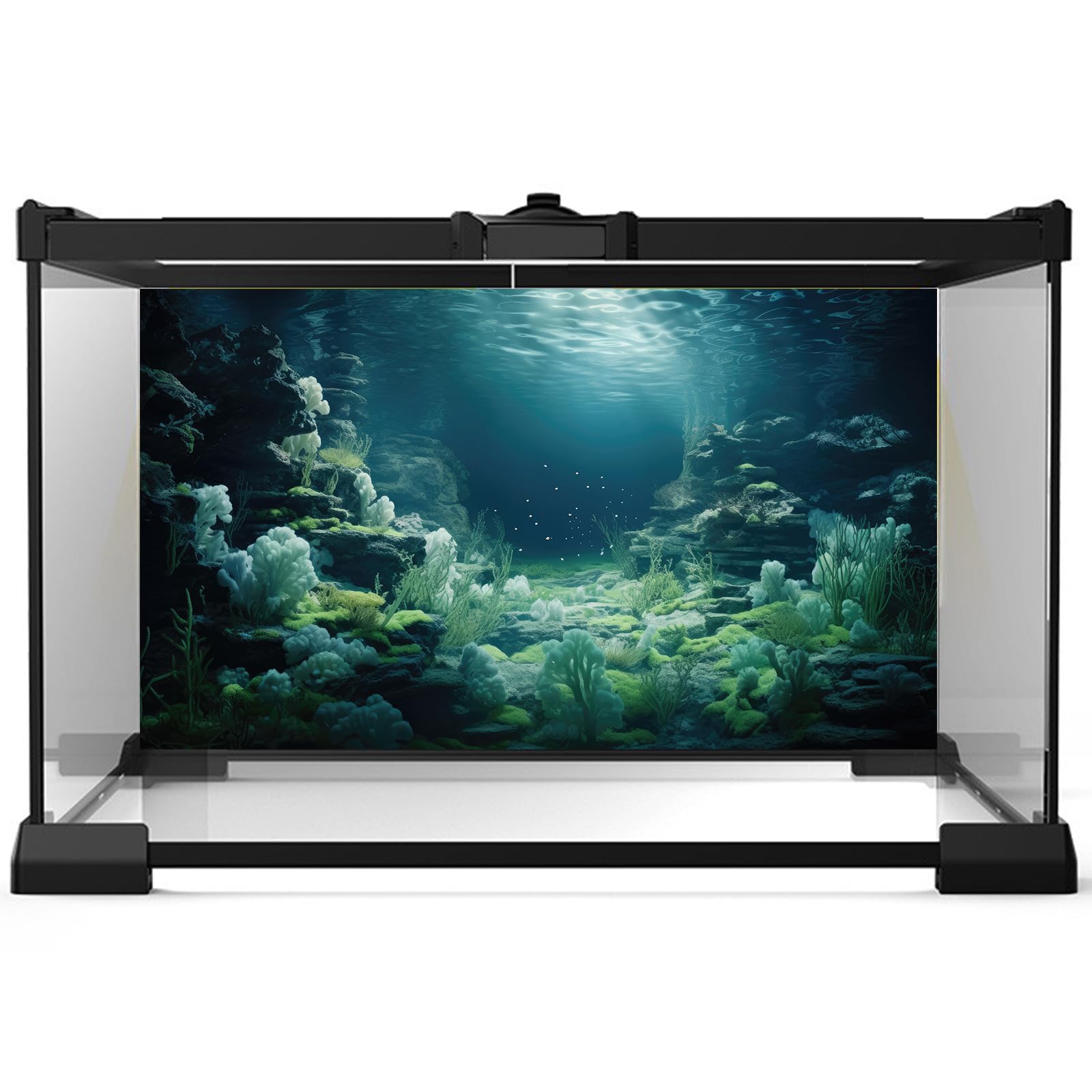 Fondo de acuario subacuático bioluminiscente vida coral terrario telón de fondo blanco coral exuberante musgo pecera fondo roca luz solar tanque acuario papel pintado póster 61.0 x 40.6 cm