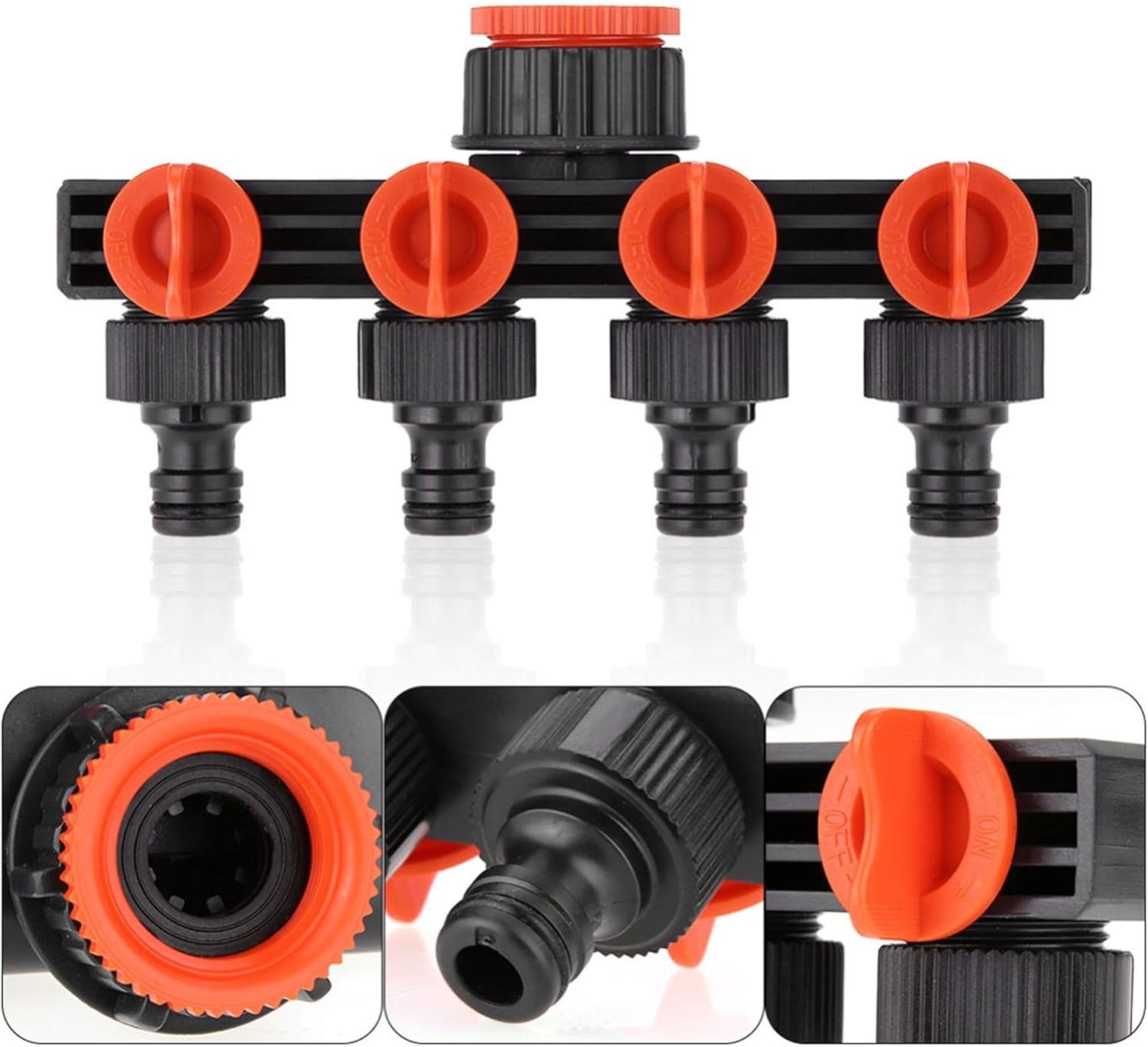 JasCherry Four-way Splitter Garden 192g Watering Lawn Maintenance Faucet Splitter, 1-in 4-out Splitter With Valve, ABS/PP Material, Water Inlet 1"-1/2" or 3/4" and 4 Nipple Joint Outlets Orange Style - Image 5