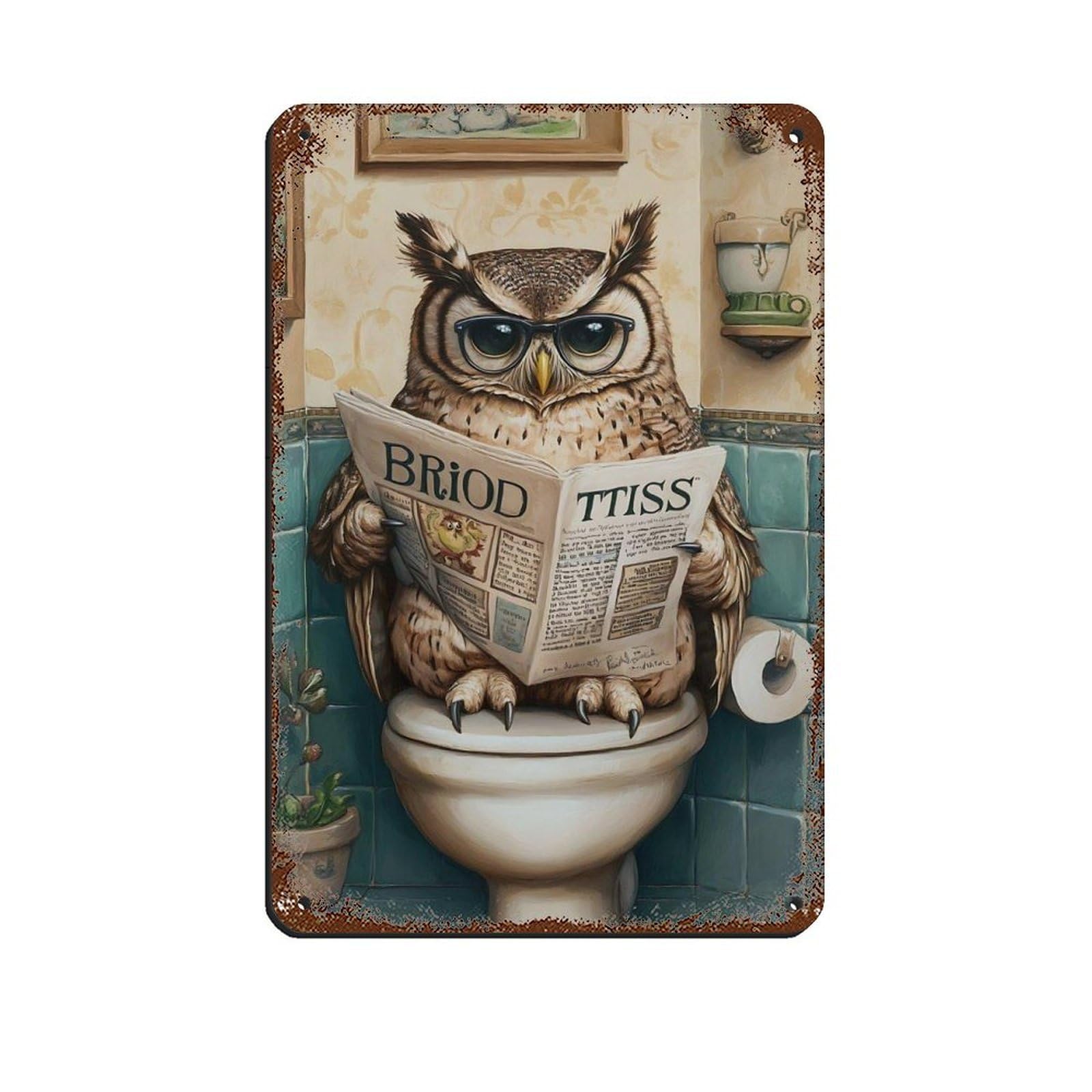 Whimsical Owl Reading Newspaper Retro Poster Metal Tin Sign Chic Art Retro Iron Painting Bar People Cave Cafe Family Garage Poster Wall Decoration 8x12inch(20x30cm)