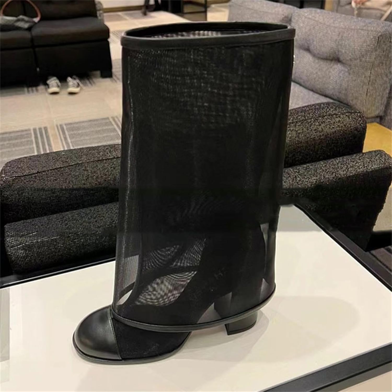 Women's Slip On Chunky High Heel Round Toe Air Mesh Fold Over Fashion Clubwear Party Mid Calf Boots
