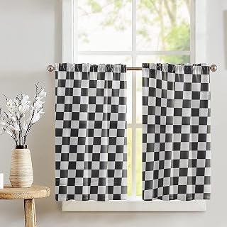 lovemyfabric Light Weight Cotton Decorative Racecar Checkerboard Print Café Tier Curtains Window Treatment/Window Décor (Tier Curtains 27" Wide / 36" Tall, 2 Inch Check Black)