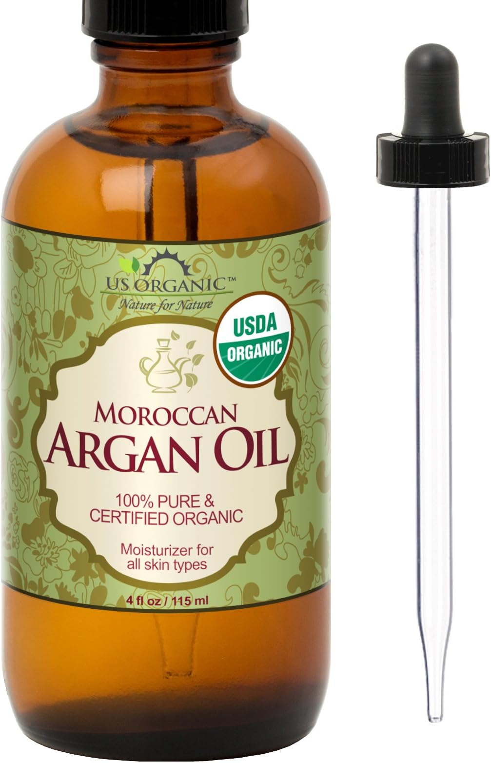 US Organic Moroccan Argan Oil, Cold-Pressed Virgin, USDA Certified, 100% Pure, Unrefined, for Hair, Skin, Nail & Cuticle Care, in Amber Glass Bottle, Sourced from Morocco (4 oz (Large))