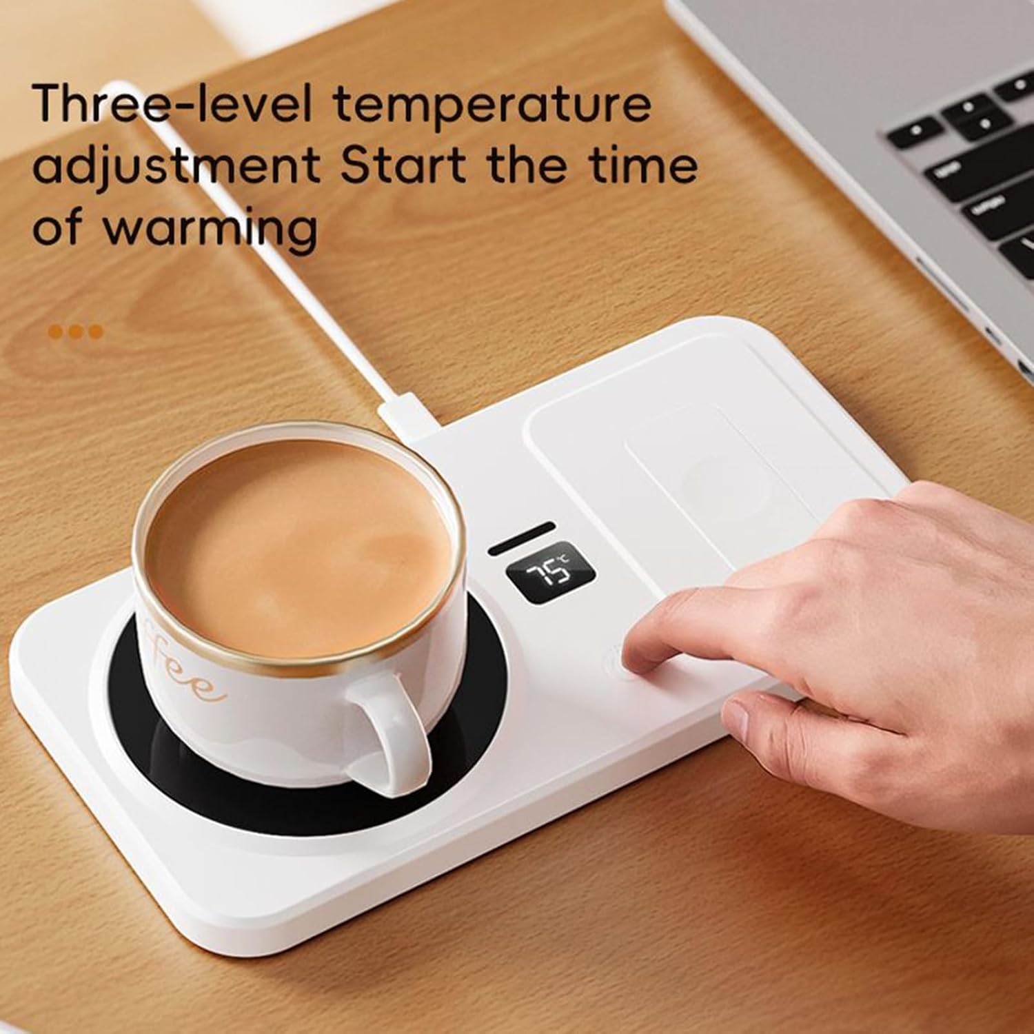 Wireless Coffee Mug Warmer - Heated Beverage Pad with Smart Temperature Control | Three Temperature Settings for Desk Home Office and Travel, Minimalist Black and White Finish