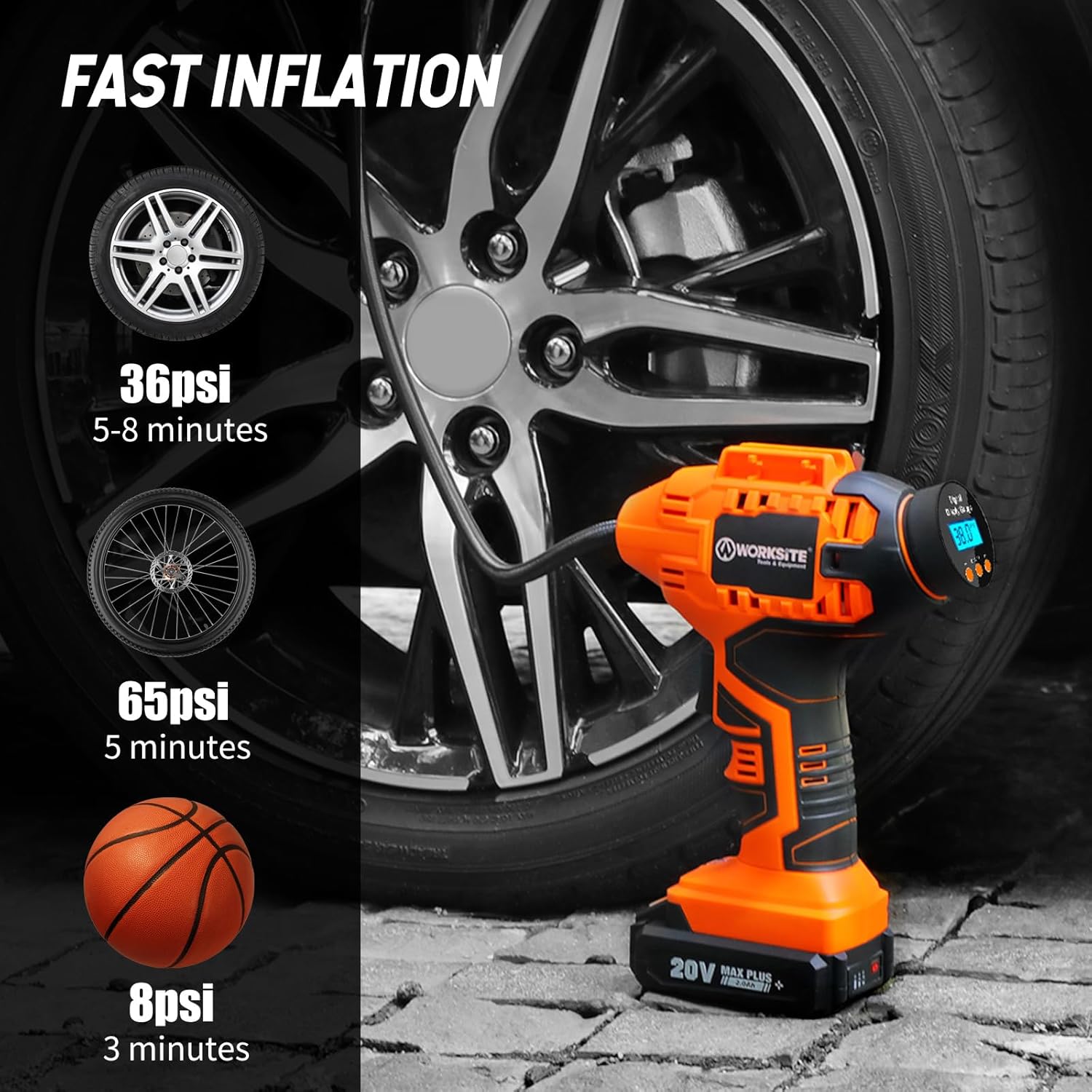 WORKSITE Cordless Tire Inflator Air Compressor,Portable Handheld Air Pump,Battery Powered Car Tire Pump with 12V Car Power Adapter Digital Pressure Gauge for Cars Motorcycles, Orange