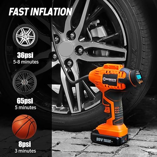 Miniatura 8 de WORKSITE Compresor de aire inalámbrico para inflador de neumáticos, bomba de aire portátil de mano, bomba de neumáticos de automóvil a batería