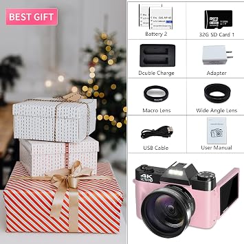 VETEK Digital Camera for Photography, 4K 48MP Vlogging Camera with 16X Digital Zoom, 52mm Wide-Angle & Macro Lens, 32GB Card & 2 Batteries
