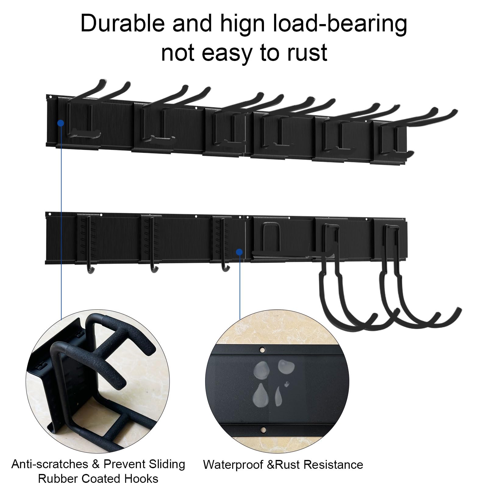 Metall-Gartengerätehalter,Gerätehalter Wandhalterung 150kg，Garagen-Werkzeug-Management-Wandregal mit 2 Halter + 6 Doppelhaken für Gartenwerkzeug in Garage, Garten, Keller (Schwarz)