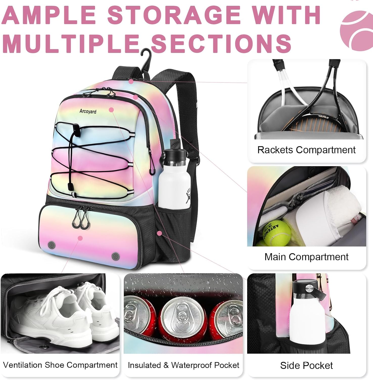 Arcoyard Tennis Bag Holds 2 Rackets, Professional Tennis Bags for Women, Tennis Backpack with Ventilated Shoe Compartment