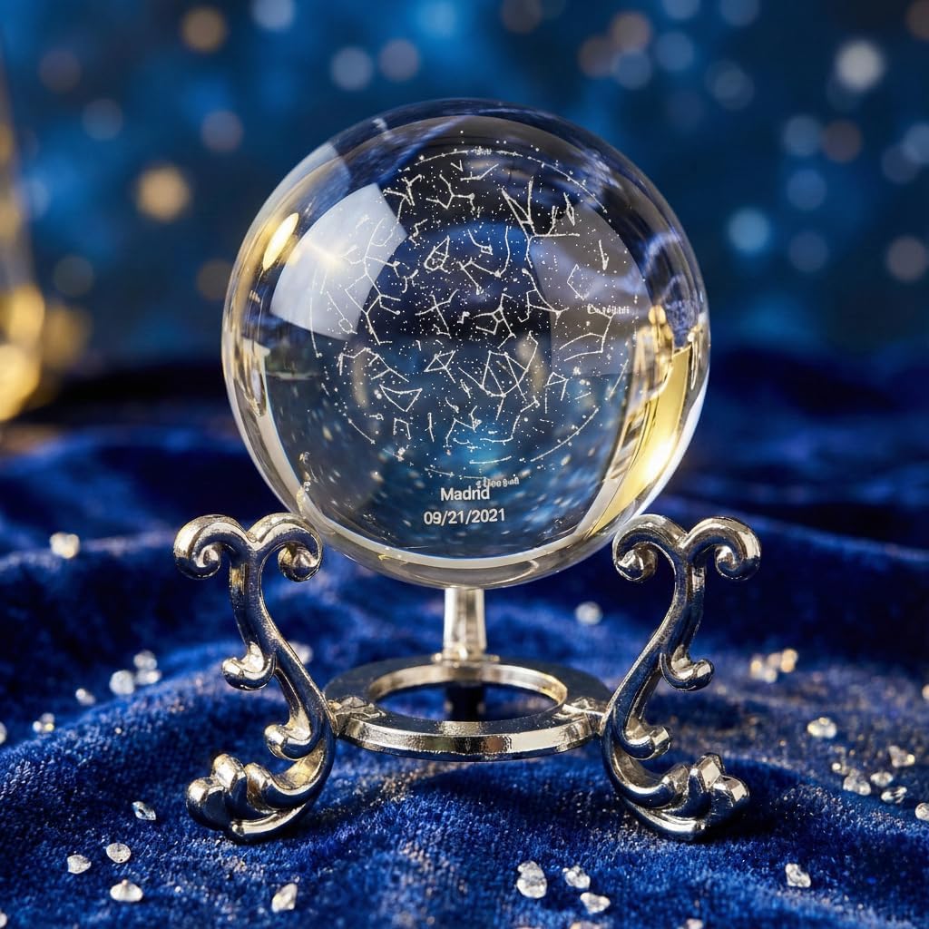 Personalized Star Map Crystal Ball – Custom Name & Date Night Sky, 3D Laser Engraved Constellation Globe with LED Base, Unique Anniversary, Birthday & Valentine’s Gift