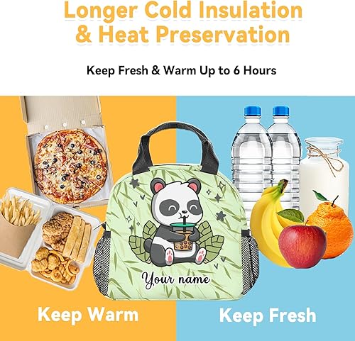 Miniatura 6 de Lonchera personalizada con diseño de panda para niños, lonchera aislada para niñas y niños, color verde, bonitas, reutilizable, pequeña con