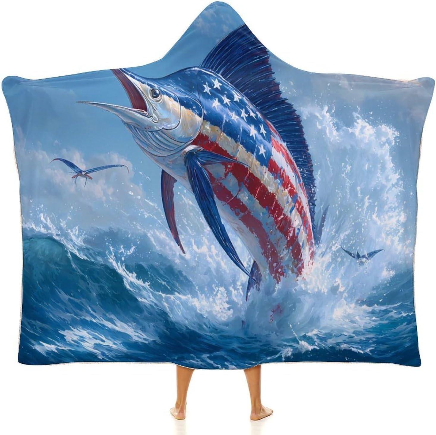 US Flag Marlin Fish Wearable Blanket Oversized Throw Cape | Cozy Hooded Blanket Gifts for Women Men