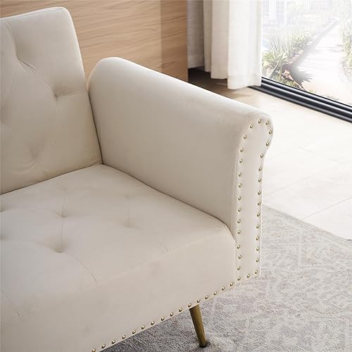 Miniatura 6 de Sofá cama tapizado de terciopelo, sofá cama convertible con dos almohadas para sala de estar, dormitorio, oficina en casa (beige)