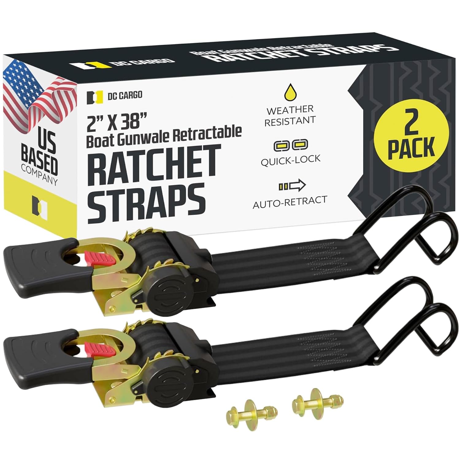 DC Cargo Mall Boat Retractable Ratchet Strap Heavy Duty Gunwale Kit &amp; Transom Tie Down Straps &amp; Heavy-Duty 2" x 38" Straps for Secure Boat or Jet Ski Trailer Transport - 2500 lbs Break Strength
