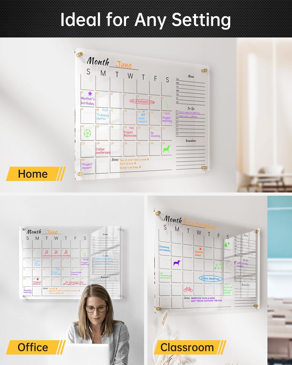28x20" Clear Acrylic Wall Calendar with Dry Erase Surface, Large Monthly Planner Board, Includes Vibrant Markers, Eraser, Multi-Color Mounting Screws, & Easy Install Kit - Perfect for Home & Office