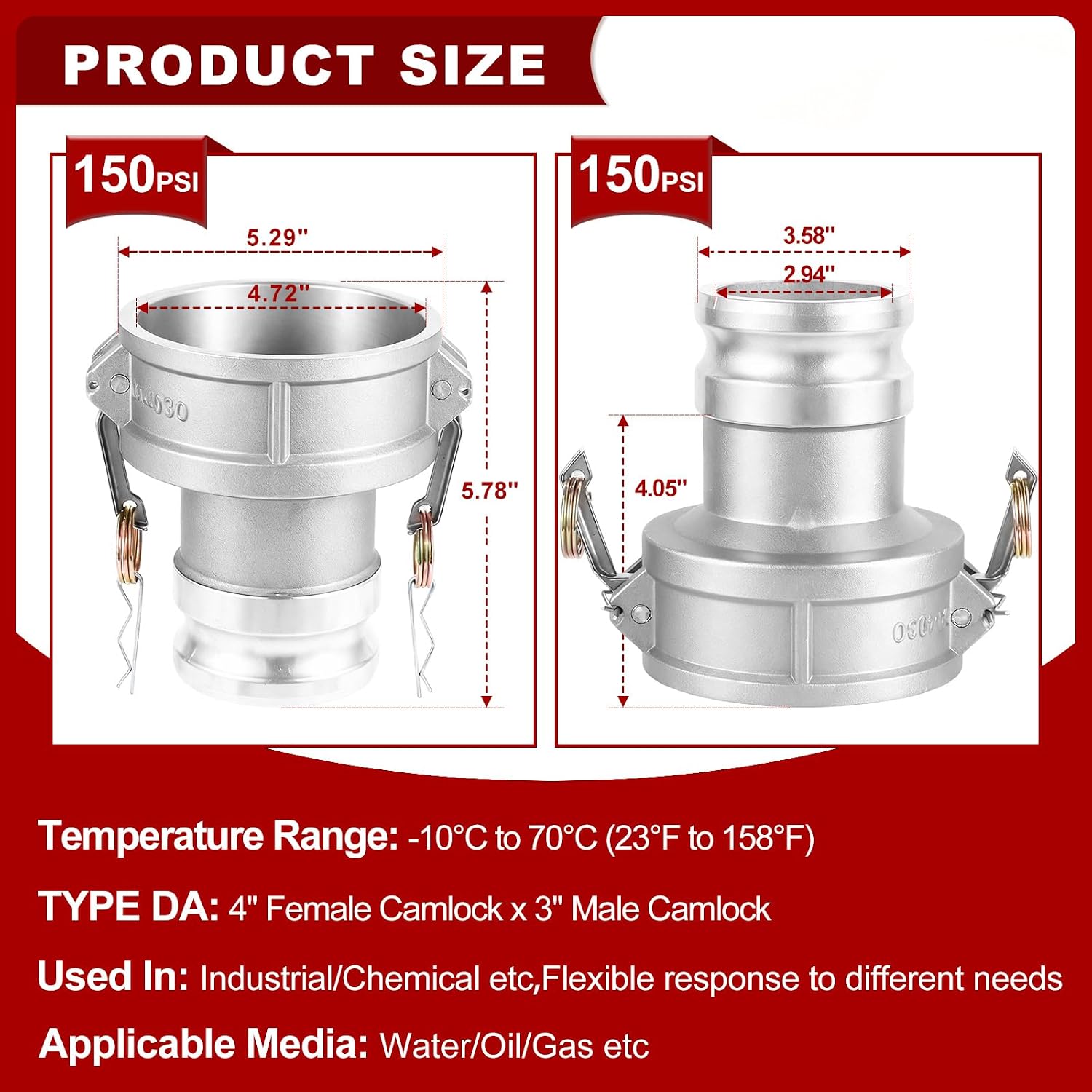 Camlock Fitting Type DA, 4'' Female Camlock x 3'' Male Camlock, 150 PSI, Aluminum Cam Groove Hose Fittings, Coupling Reducer Adapter