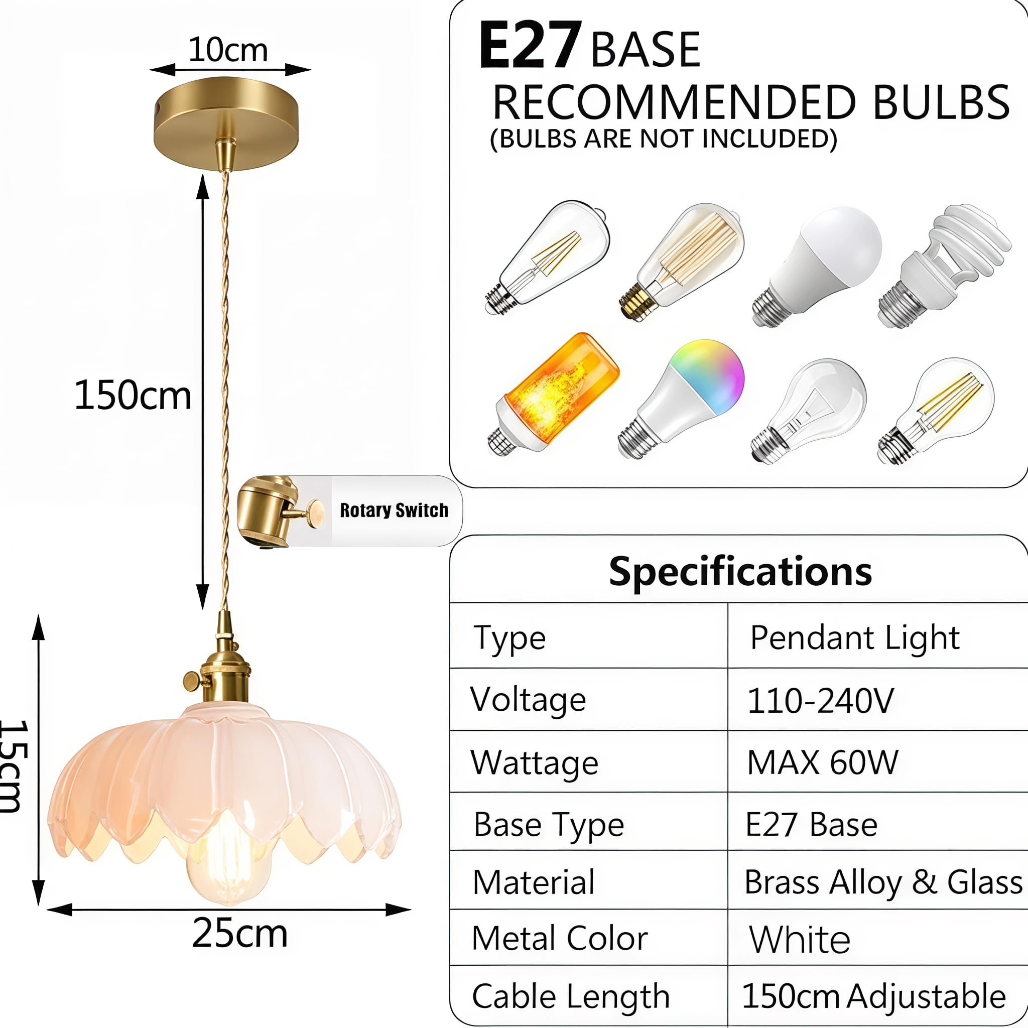 Lámpara colgante de cristal de loto, iluminación Industrial Vintage de 25cm, lámpara colgante de luz, lámpara colgante de techo con acabado de latón E27 (Blanco)
