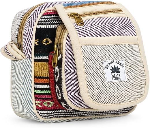 Pure Hemp and Natural Hemp Crossbody Bag, Multicolour, Boho Patchwork, Adjustable Strap, 7.5 x 7 x 2.5 Inches