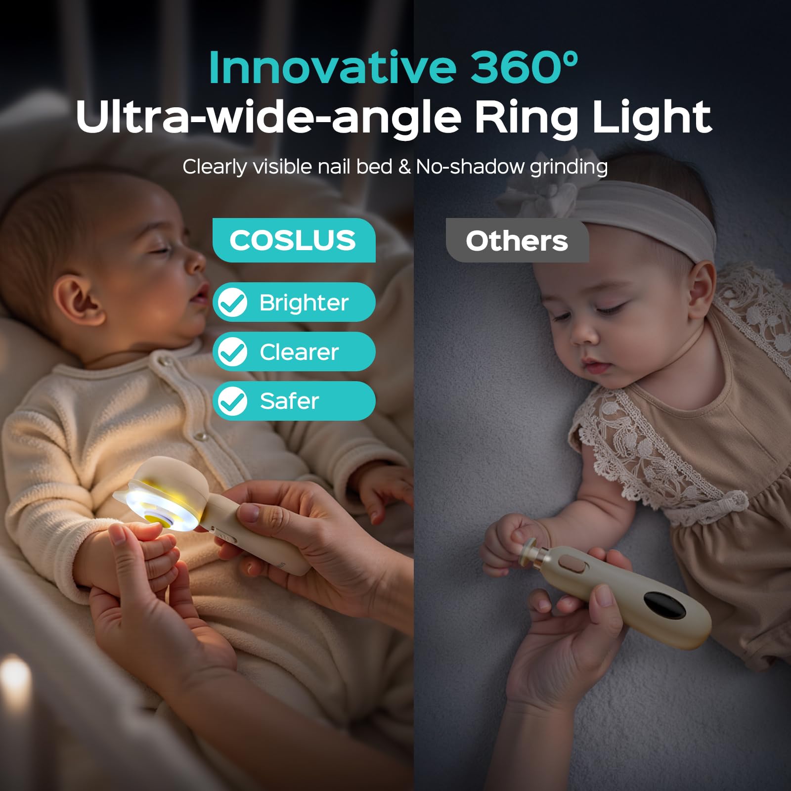 COSLUS C50 Baby Nagelfeile elektrisch mit 360° LED-Licht 16-in-1, Blassgelb – Ansicht 2
