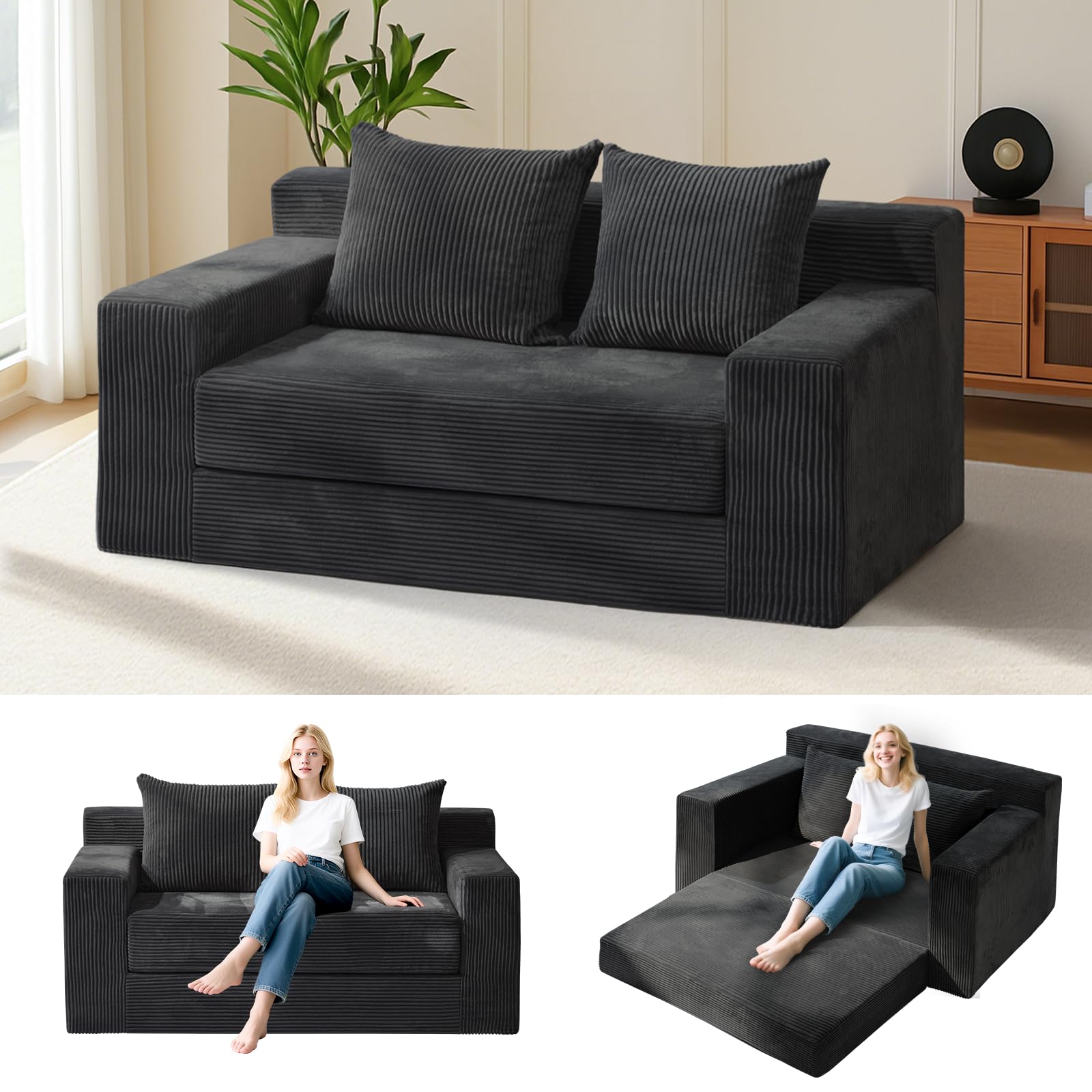 Convertible Sofa Bed, Boneless Couch Loveseat, 2 in 1 Folding Couch Bed, Fold Out Comfy Floor Futon Sofa with Pillows for Living Room Bedroom, Black