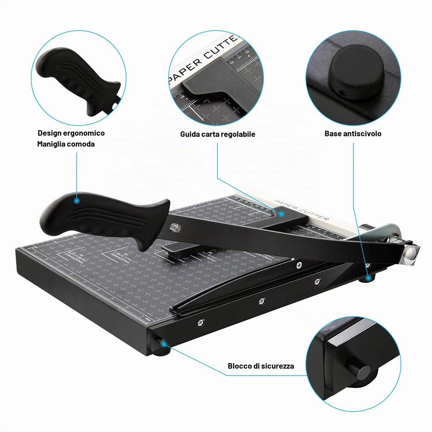 Taglierina di carta A3 B4 A4, formato A4, 32,5 x 25 x 3 cm, sicurezza salvaguardare, base in metallo, nero (A4)
