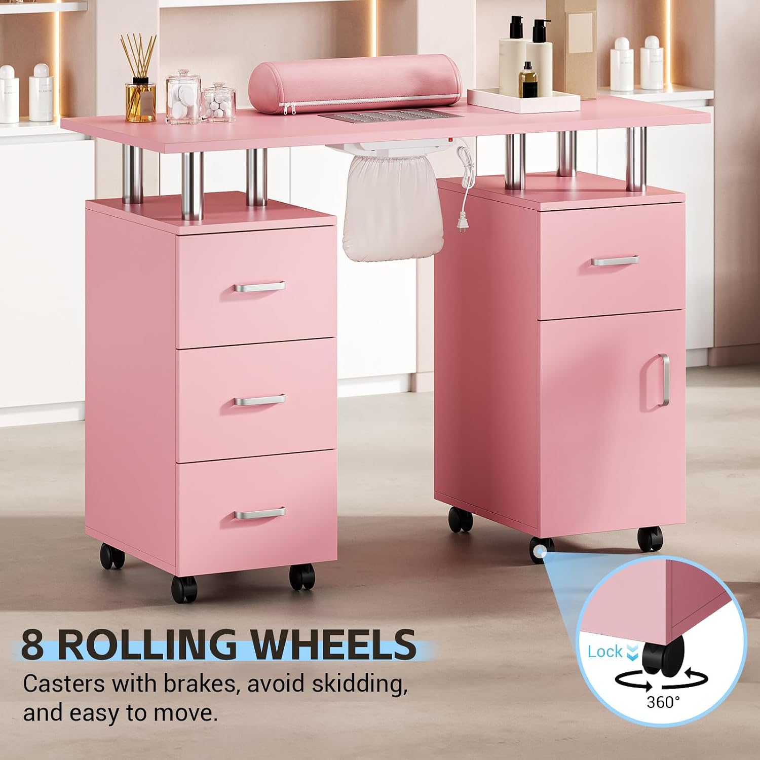 PeakPursuit Manicure Table Nail Desk with Electric Dust Collector, Nail Tech Table w/ 4 Storage Drawers, Door, 360° Swivel Wheels, Wrist Cushion, Acetone Resistant Surface for Salon & Home