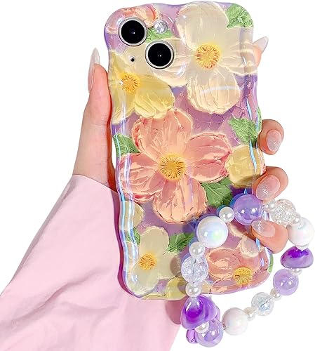 NITITOP Funda compatible con iPhone 13, bonita funda de pulsera de flores de aceite moradas con bonita correa de muñeca con cordón de flores para