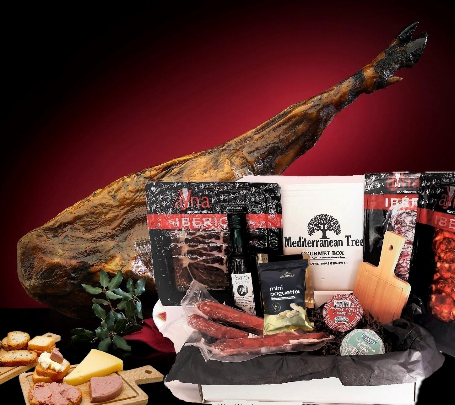 Caja Cesta Gourmet Regalo - Lote embutidos Ibericos salchichón chorizo y jamon + Pate Iberico de Trufa y Pedro Ximenez + 3 piezas Fuets +Aceite Oliva Virgen Extra + Picos Artesanos