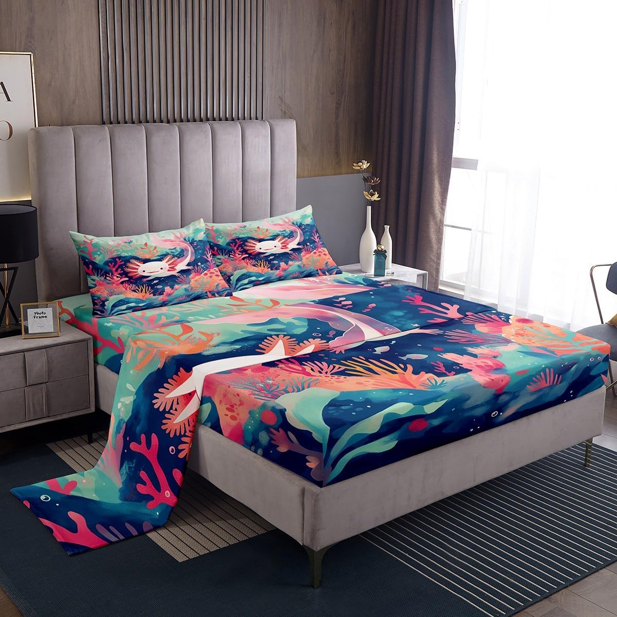 Erosebridal Axolotl Queen Bed Sheets Set for Toddler Girls, Newt Cartoon Animal Sheets Ocean World Underwater Bedding Sets for Kids Boys Sea Life Marine Kawaii Sheet Sets with 2 Pillowcases