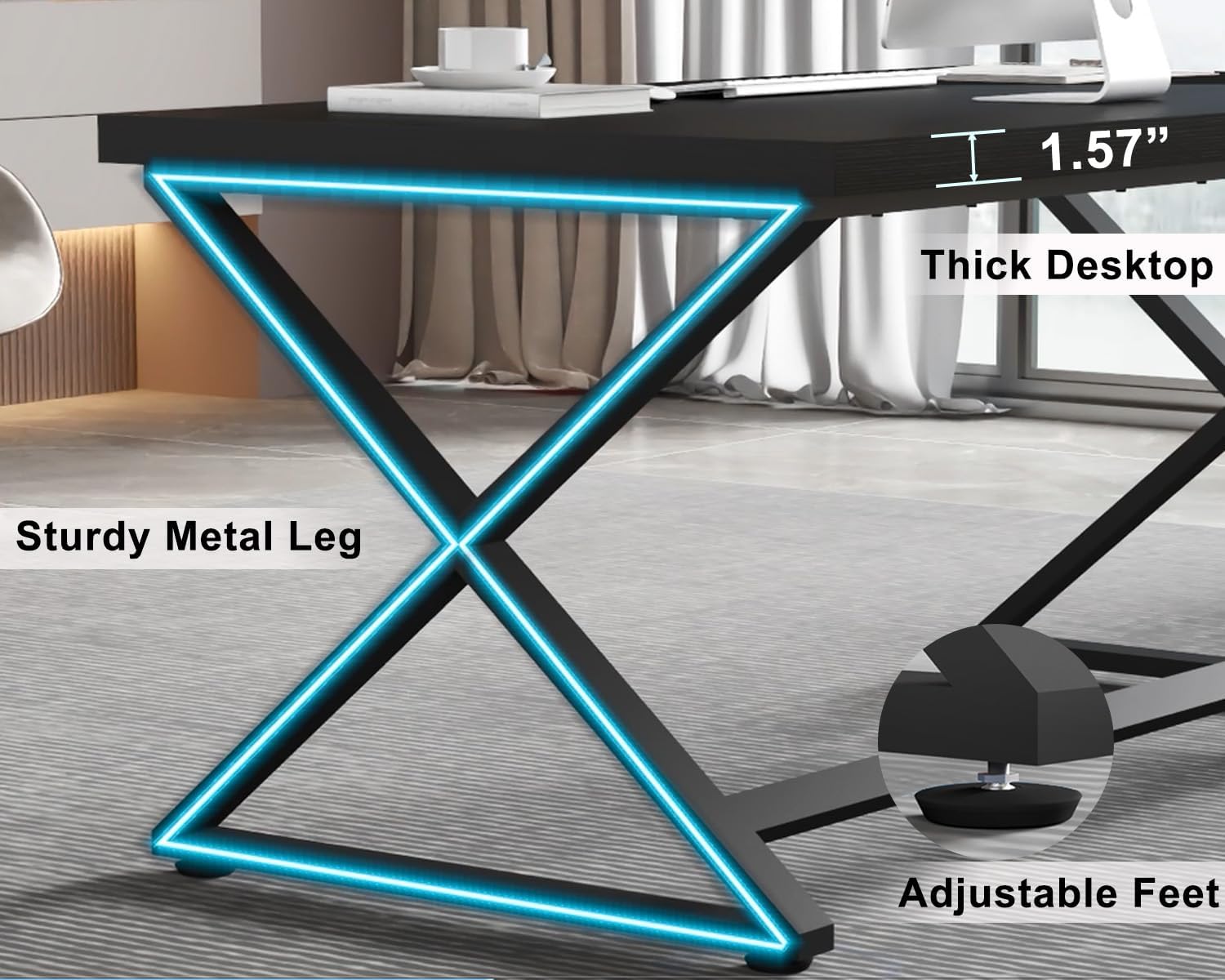 IBF Black Desk, Modern Computer Desk for Home Office, Industrial Simple Pc Gaming Writing Study Desk in Bedroom, Wood Metal Laptop Workstation Executive Work Computer Table, Black Oak, 55 Inch - Image 5