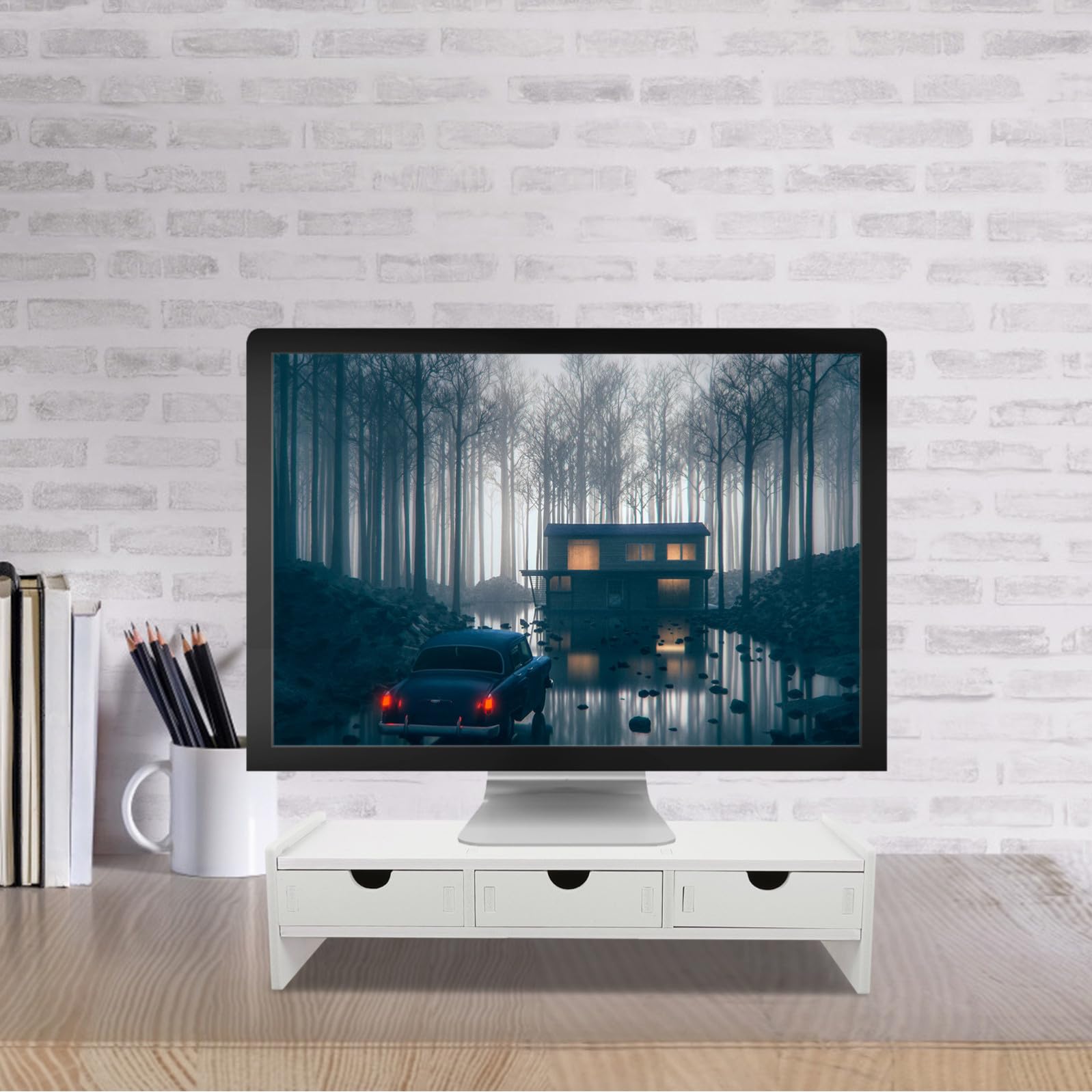 Support de Moniteur Blanc à Trois Tiroirs en Pvc, Rehausseur