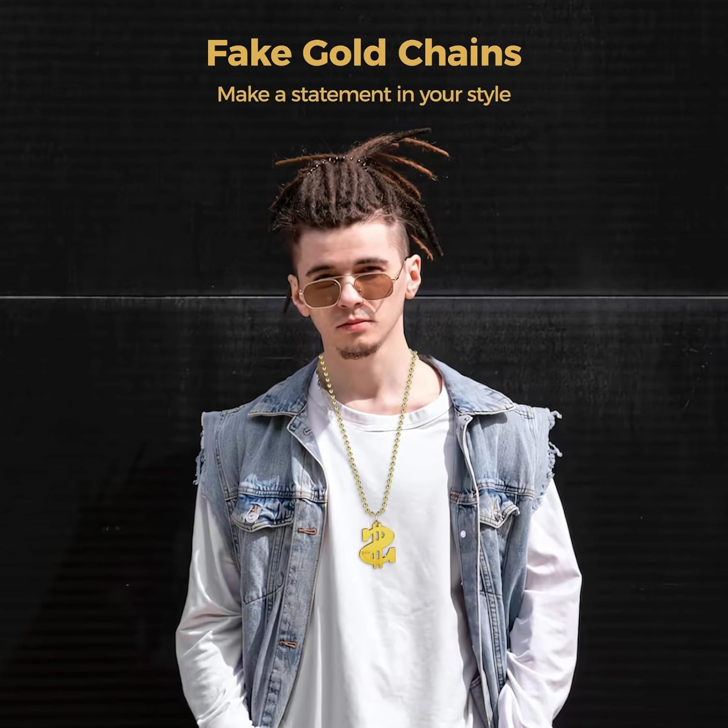 Gold Party Favors with Dollar Sign, Fake Gold Chain Necklaces 24 Pieces, 33 Inch Long Costume for Parties and Celebrations