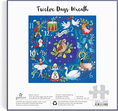 Galison 12 Days Wreath 500 Piece Puzzle - Whimsical Holiday Puzzle for Adults, Jigsaw Puzzle Illustrating the Joyous 12 Days of Christmas, Fun Indoor Activity